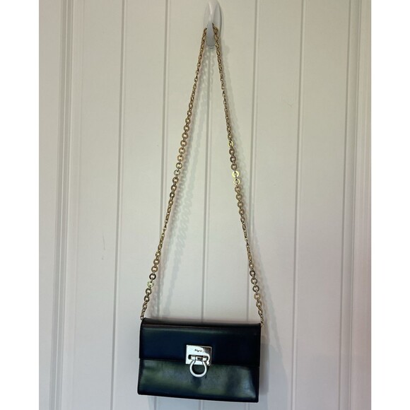 Salvatore Ferragamo Gancini Black Leather Gold Tone Chain Crossbody Shoulder Bag - Picture 14 of 16